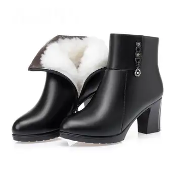 GKTINOO Botas femininas Inverno Quente de Lã Natural de Moda Senhoras de Sapatos de Salto Alto de Lado Zíper Feminino de Couro, Ankle Boots