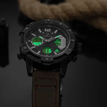 GOLDENHOUR Homens Relógio de alto Luxo da Marca Homens do Esporte Militar de Relógios de Couro de Quartzo relógio de Pulso Impermeável LED Digital, Masculino Relógio