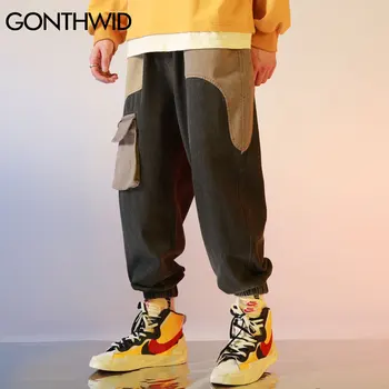GONTHWID Cor Bloco de Patchwork Carga Harém Corredores de Calças Jeans Streetwear Homens 2020 Hip Hop Harajuku Casual Calças Soltas