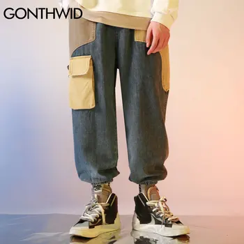 GONTHWID Cor Bloco de Patchwork Carga Harém Corredores de Calças Jeans Streetwear Homens 2020 Hip Hop Harajuku Casual Calças Soltas
