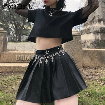Goth Escuro Grunge Punk Verão Gótico Saias Para as Mulheres Streetwear Zippper Rebite Plissado Anel de Metal Saia PU Sexy Ocos Casual