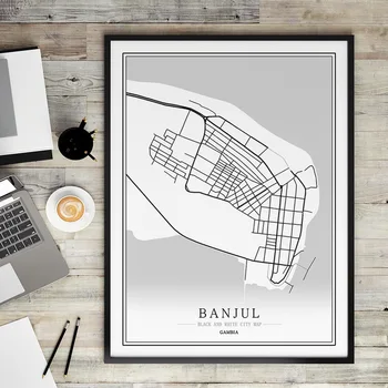 Gâmbia cidade Criativa mapa de Banjul Resumo Pinturas em Tela, em Preto e branco, Arte de Parede de Impressão de Cartaz de Imagem, Decoração Pintura