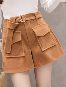 HELIAR Mulheres Ampla Pernas Cintura Alta Lã Shorts de Moda Casual coreano Shorts Correia Shorts 2019 Outono Inverno Shorts Com Bolsos