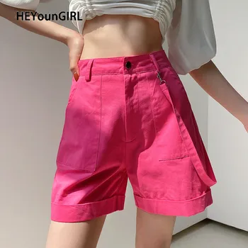 HEYounGIRL cor-de-Rosa Casual de Carga a Curto Calças de Mulheres Harajuku Alta Shorts de Cintura com Tiras Bolsos de Moda Shorts Soltos High Street