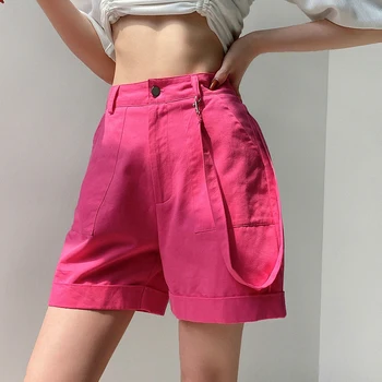 HEYounGIRL cor-de-Rosa Casual de Carga a Curto Calças de Mulheres Harajuku Alta Shorts de Cintura com Tiras Bolsos de Moda Shorts Soltos High Street