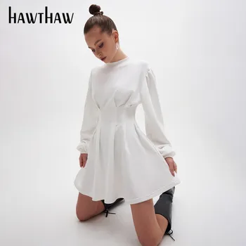 Hawthaw Mulheres Da Moda Outono Inverno De Manga Longa Plissada Feminino Soild Cor Preto Mini Vestido Curto 2020 Queda Roupas De Streetwear