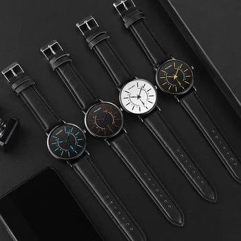 High-end da Marca masculina de Couro Rodada do Relógio de Pulso de Luxo Analógico de Negócios Mens Preto Relógios de Moda Mens Esportes de Quartzo Mens Watch