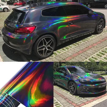 Holográfico Laser Chrome Preto Adesivos de carros do Interior do Carro Envoltório do Corpo Película de Vinil Folha de Preto com arco-íris Decalques