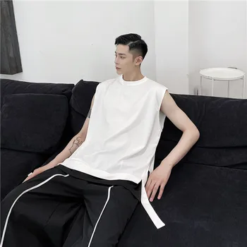 Homens de Preto Branco Emenda com Fita de Bainha Solta Tops Tank T-Shirt Masculina de Streetwear de Hip-Hop do Japão Estilo T-shirt sem Mangas