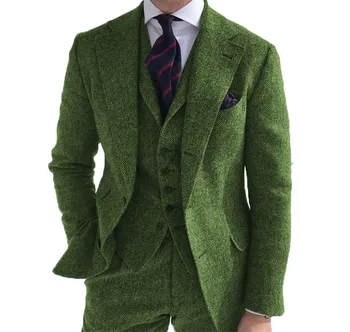 Homens de Verde de Lã Woker Terno Formal 3 Peças Slim Fit Xale de Lapela Tweed Baile Smoking Para os Padrinhos de Casamento (Blazer+Colete+Calça)