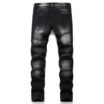 Homens de preto crânio estrelas impresso jeans Streetwear botões de voar patchwork slim stretch denim franja calças