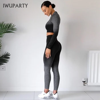 IWUPARTY Mulheres Yoga Esporte Terno Ombre Perfeita Leggings+Manga Longa Crop Top 2 peças Sportswear Conjunto de Ginásio de Treino de corrida Roupas
