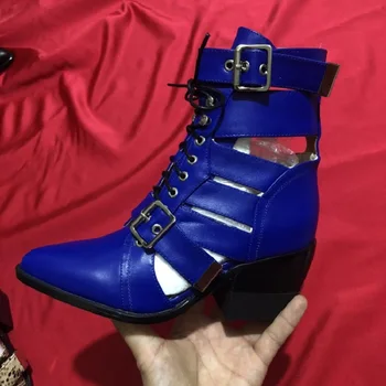 Intenção Original das Mulheres da forma de Tornozelo Botas de bico Quadrado Saltos de Inicialização sBlack Azul Cobra Patente Branco, Sapatos de Mulher