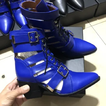 Intenção Original das Mulheres da forma de Tornozelo Botas de bico Quadrado Saltos de Inicialização sBlack Azul Cobra Patente Branco, Sapatos de Mulher