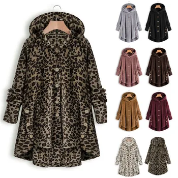 Inverno Com Capuz Casaco De Lã Mulheres Sólido Bolso Moda Leopard Impresso Parka Único Breasted Casual Bolso Cardigan Feminino Top
