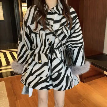 Inverno Nova-Coreano Lã Mistura Oversize Mulheres De Roupas Padrão Zebra Solta Cintura Listrado De Lã De Costura Em Mangas De Metade Do Comprimento Do Casaco