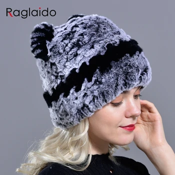 Inverno chapéus para mulheres de malha coelho meninas de pele natural quente cap moda fofo beaniewith ouvidos filhos adultos de neve chapéu