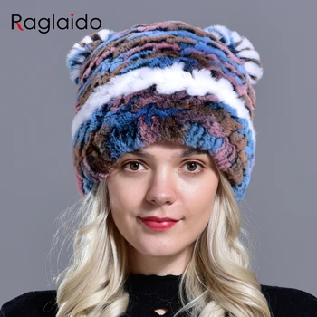 Inverno chapéus para mulheres de malha coelho meninas de pele natural quente cap moda fofo beaniewith ouvidos filhos adultos de neve chapéu