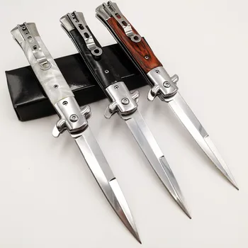 Italiano Padrinho de faca Dobrável 440C Lâmina de Acrílico Punho de Madeira canivetes Camping Sobrevivência Tático Abrir Rapidamente EDC Ferramentas