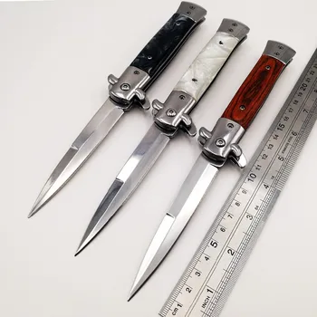 Italiano Padrinho de faca Dobrável 440C Lâmina de Acrílico Punho de Madeira canivetes Camping Sobrevivência Tático Abrir Rapidamente EDC Ferramentas