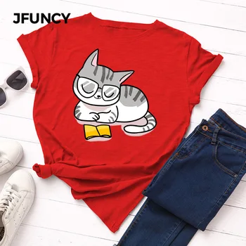 JFUNCY Plus Size Solta Tee Tops das Mulheres do Verão do Algodão do T-shirt Engraçada dos desenhos animados do Gato de Impressão Feminina Camiseta de Manga Curta Mulher T-Shirt