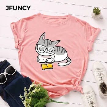 JFUNCY Plus Size Solta Tee Tops das Mulheres do Verão do Algodão do T-shirt Engraçada dos desenhos animados do Gato de Impressão Feminina Camiseta de Manga Curta Mulher T-Shirt