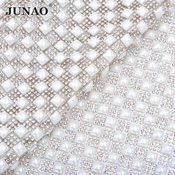 JUNAO 24*40cm Auto-Adesivo Branco Pérola Strass Malha de Caimento Tecido de Cristal Prateado Apliques de Strass faixa de opções de Roupas, de Jóias