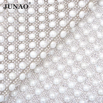 JUNAO 24*40cm Auto-Adesivo Branco Pérola Strass Malha de Caimento Tecido de Cristal Prateado Apliques de Strass faixa de opções de Roupas, de Jóias