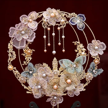 JaneVini 2020 Luxo Chinês Bouquets de Noiva Fã do Laço de Borboleta, Flores, Pérolas do Metal Redondo Noiva Mão Fãs para Cobrir o Rosto