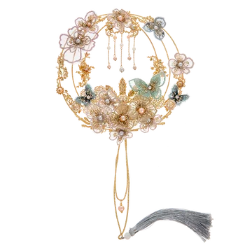 JaneVini 2020 Luxo Chinês Bouquets de Noiva Fã do Laço de Borboleta, Flores, Pérolas do Metal Redondo Noiva Mão Fãs para Cobrir o Rosto