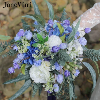 JaneVini Vintage Azul Eucalipto Seda Rosas De Noiva, Flores Do Jardim Buquês Feitos À Mão Noiva Acessórios Do Casamento De Fleur Artificielle