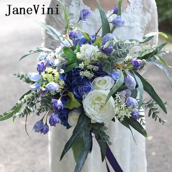 JaneVini Vintage Azul Eucalipto Seda Rosas De Noiva, Flores Do Jardim Buquês Feitos À Mão Noiva Acessórios Do Casamento De Fleur Artificielle