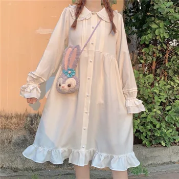 Japonês Lolita Doce de Menina Cor Branco Vermelho boneca gola de babados de manga longa lolita meados de-comprimento vestido de loli cos festa de chá de Outono