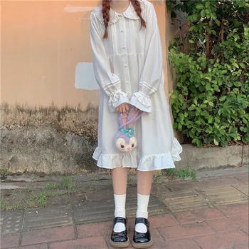 Japonês Lolita Doce de Menina Cor Branco Vermelho boneca gola de babados de manga longa lolita meados de-comprimento vestido de loli cos festa de chá de Outono