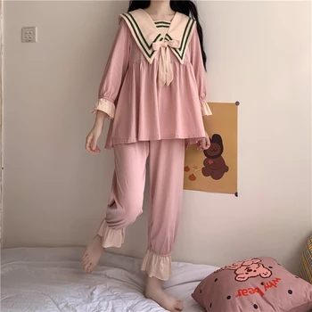 Japonês Outono Doce Marinheiro Colar De Arco De Treino Bonito Emenda Pijama Em Casa Kawaii Babados Princesa Camisas Soltas De Duas Peças De Terno