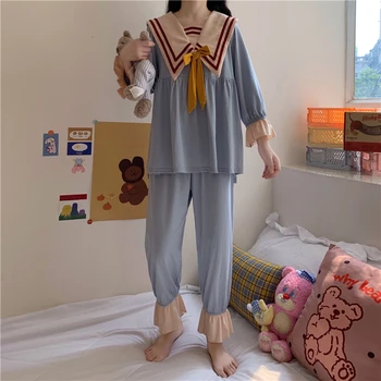 Japonês Outono Doce Marinheiro Colar De Arco De Treino Bonito Emenda Pijama Em Casa Kawaii Babados Princesa Camisas Soltas De Duas Peças De Terno
