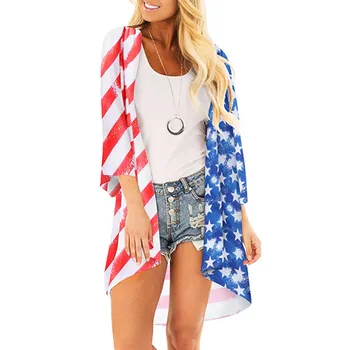 Jaycosin roupas 2019 Mulheres Bandeira Americana camisa de Impressão Quimono Pura Solta Longa t-shirt de Três Quarto diária Cardigan