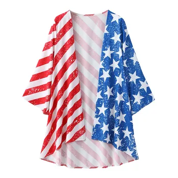Jaycosin roupas 2019 Mulheres Bandeira Americana camisa de Impressão Quimono Pura Solta Longa t-shirt de Três Quarto diária Cardigan