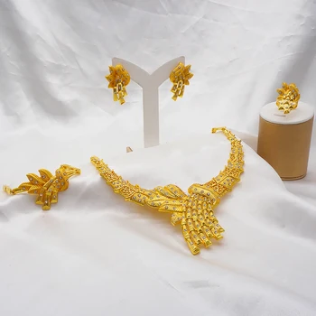 Jóias em ouro Conjuntos Mulheres Colar Brincos de Dubai Africana Noiva Indiana Acessório flores conjuntos de Jóias Colar