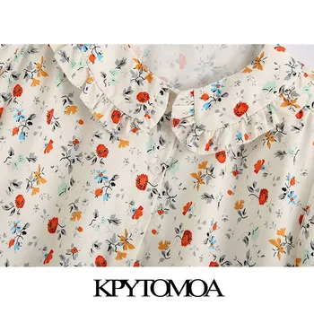KPYTOMOA Mulheres 2020 Doce de Moda de estampa Floral, Babados Blusas Vintage Lapela Gola Manga Curta Feminino Camisas, Blusas Chiques Tops