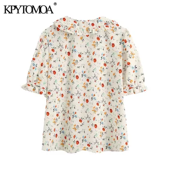 KPYTOMOA Mulheres 2020 Doce de Moda de estampa Floral, Babados Blusas Vintage Lapela Gola Manga Curta Feminino Camisas, Blusas Chiques Tops