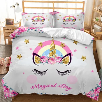 Kawaii unicórnio roupa de cama de crianças meninas-de-rosa luxo, capa de edredão conjunto de roupa de cama king queen twin cobertor de tamanho completo conjunto de roupa de crianças