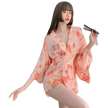 Kimono japonês Sexy Cosplay Roupa para Mulheres de Estilo Tradicional, Roupão Yukata Trajes de Pijama Macio de Seda Correia 3pcs Conjunto cor-de-Rosa Definir