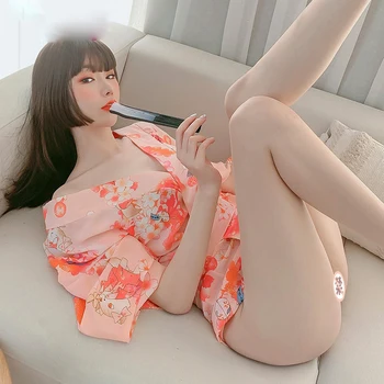 Kimono japonês Sexy Cosplay Roupa para Mulheres de Estilo Tradicional, Roupão Yukata Trajes de Pijama Macio de Seda Correia 3pcs Conjunto cor-de-Rosa Definir