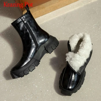 Krazing pote de neve de couro do couro rachado flats plataforma mais o tamanho do dedo do pé redondo de espessura de alta calcanhar zíper manter aquecido estrelas ankle boots L97