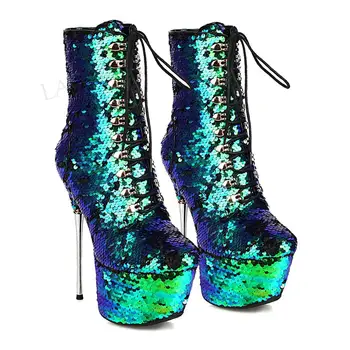 LAIGZEM Mulheres Botas Glitter Brilhante 2 Lados Cores Metal Salto Alto Ankle Boots Parte do Clube de Sapatos Botas Mujer Grande Tamanho 33 42 43