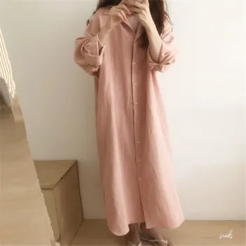 LANMREM 2021 novo coreia estilos vire para baixo de gola listrada único breasted solta longa camisa de poliéster vestido feminino vestido WL30717