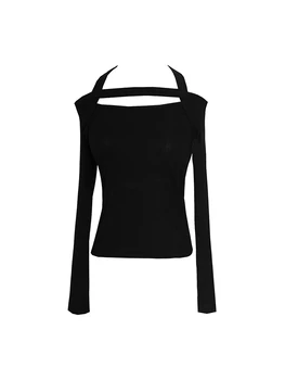 LANMREM barra de pescoço preto de mangas compridas de street wear de todos-jogo de Outono 2020 novas off ombro ocos magro T-shirt para as mulheres A1376