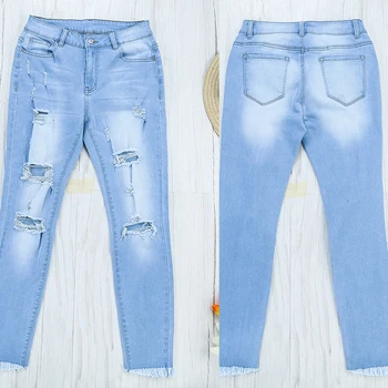 LIVA MENINA Casual, Lavada e Desbotada Calça Jeans Rasgados Luz Azul na Moda das Mulheres Calças Buraco Quente de Cintura Alta Jeans Feminino Fundos de S-XL