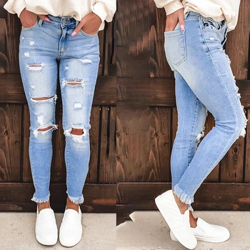 LIVA MENINA Casual, Lavada e Desbotada Calça Jeans Rasgados Luz Azul na Moda das Mulheres Calças Buraco Quente de Cintura Alta Jeans Feminino Fundos de S-XL